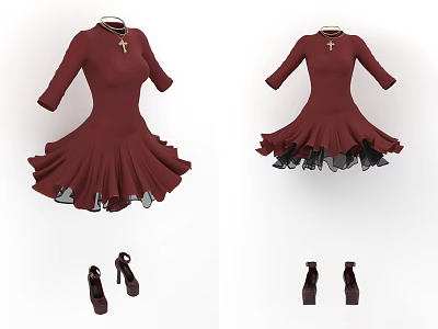 Red Dress With Cross Pendant Three Quarter Sleeves And Pleated Skirt With Matching High Heels 3d model