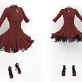 Red Dress With Cross Pendant Three Quarter Sleeves And Pleated Skirt With Matching High Heels