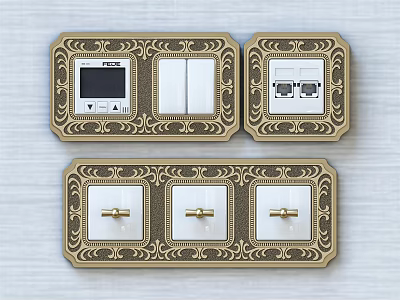 Vintage Style Switch Panels With Golden Frame Carved Patterns And Multiple Functions 3d model
