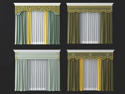 Elegant Curtain Designs With Decorative Top Green Yellow White Layered Panels 3d model