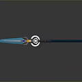 Blue Spear Weapon With Glowing Element Circular Ornament And Long Shaft Design