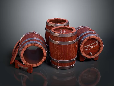 Vintage Wooden Barrels With Metal Hoops And Open Lids Arrangement Design 3d model