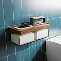 Bathroom Essentials On Wooden Shelf With Digital Clock Smartphone And White Toilet Paper Holders