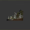 Cartoon Scene With Red Houses Green Roofs Trees And Boat On Circular Island