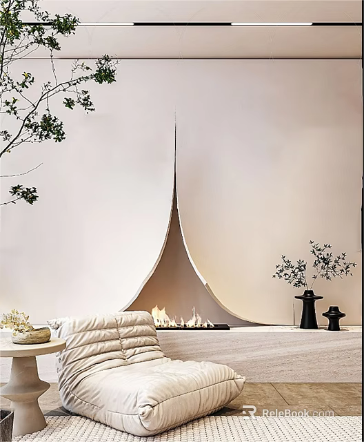 Unique Shaped Fireplace In Cozy Living Space With Fire And Decor 3d model 