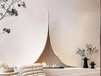 Unique Shaped Fireplace In Cozy Living Space With Fire And Decor 3d model