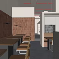 Restaurant Interior With Red Brick Walls Long Wooden Tables And Brown Chairs