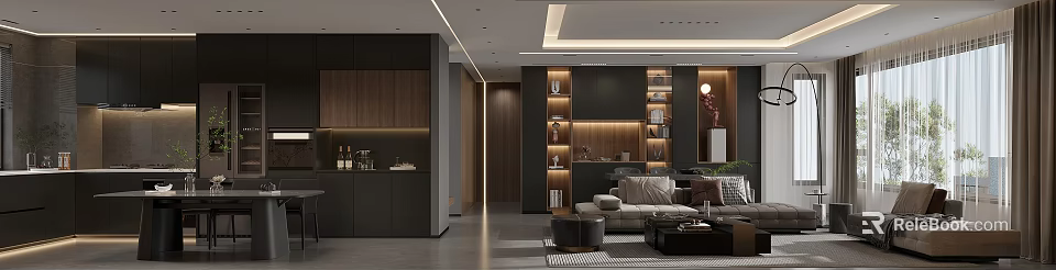 Modern Living Dining Room Interior Design With Wooden Cabinets Bookshelves And Sofa 3d model 