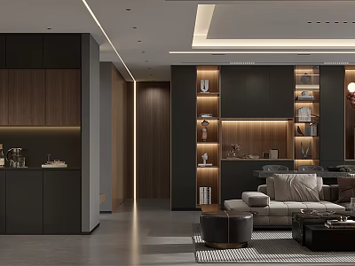 Modern Living Dining Room Interior Design With Wooden Cabinets Bookshelves And Sofa 3d model