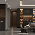Modern Living Dining Room Interior Design With Wooden Cabinets Bookshelves And Sofa