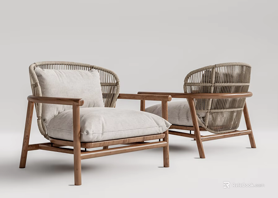 Modern Rattan Single Sofa With Wooden Frame Light Gray Cushions And Backrests 3d model 