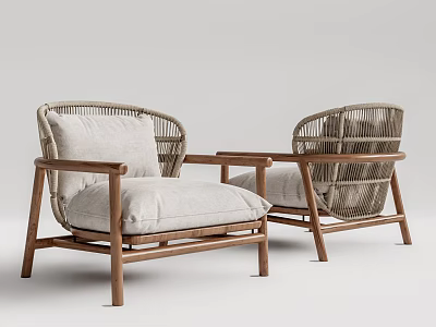 Modern Rattan Single Sofa With Wooden Frame Light Gray Cushions And Backrests 3d model