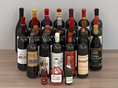 Various Beverage Bottles Display On Wooden Table 3d model Various Beverage Bottles Display On Wooden Table 3d model
