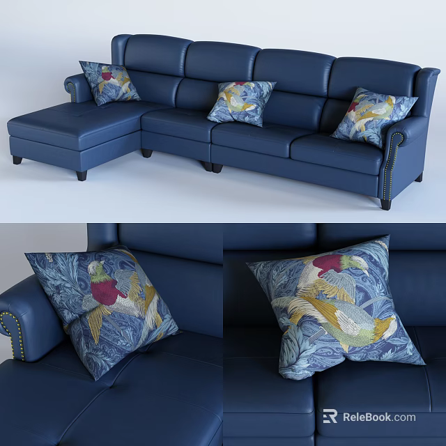 Blue Sectional Sofa with Patterned Decorative Pillows Modern Living Room Design 3d model