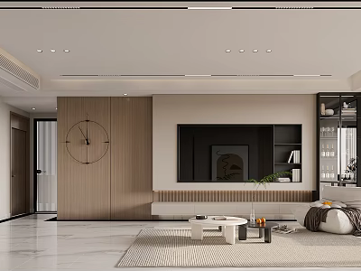 Modern Living Room Interior Design With Wooden Accent Wall TV Unit Sofa And Coffee Table 3d model