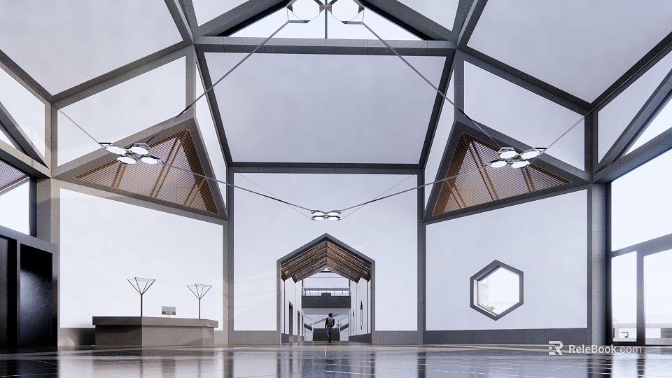 Cultural Center Interior With Modern Geometric Roof And Symmetrical Wooden Decorations 3d model 