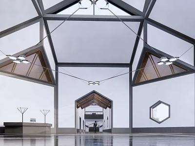 Cultural Center Interior With Modern Geometric Roof And Symmetrical Wooden Decorations 3d model