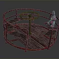 Vintage Red Carousel Structure With Circular Wooden Floor And Pink Rabbit Doll
