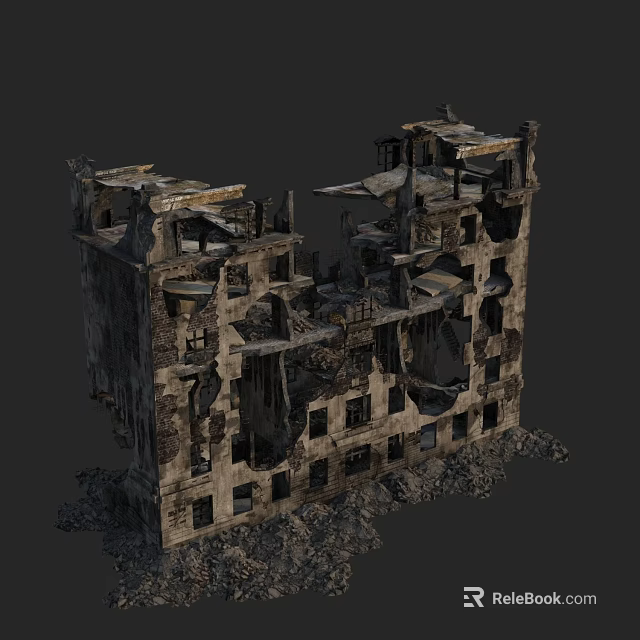 Ruined Building Structure With Collapsed Floors And Broken Walls Debris 3d model 