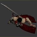Game Movie Character in Red Black Outfit Holding Axe Sword with Long Hair and Cloak