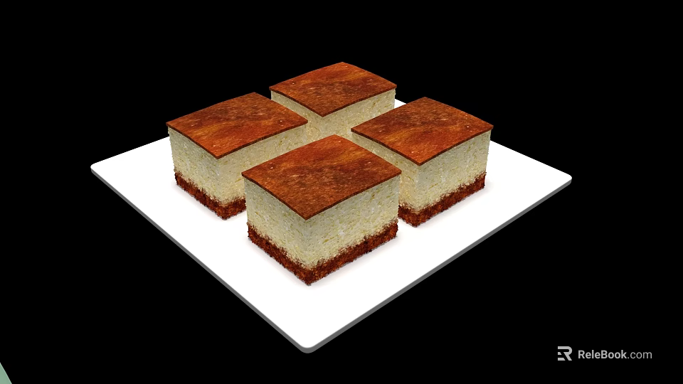 Delicious Square Layered Cakes with Brown Top and Cream Layer on White Plate 3d model 