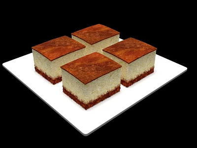 Delicious Square Layered Cakes with Brown Top and Cream Layer on White Plate 3d model