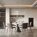 Modern Restaurant Interior With Dining Table Chairs Pendant Light And Cabinets