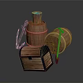 Rustic Wooden Barrels With Lidded Treasure Chest And Metal Anchor Decor