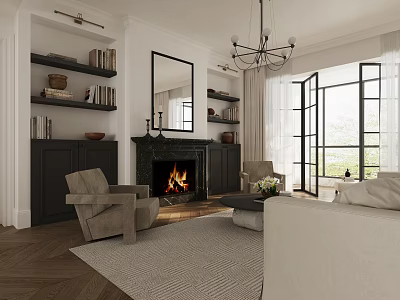 Bright Cozy Living Room With Marble Fireplace Built In Shelves And Large French Window 3d model