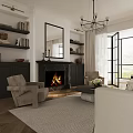Bright Cozy Living Room With Marble Fireplace Built In Shelves And Large French Window
