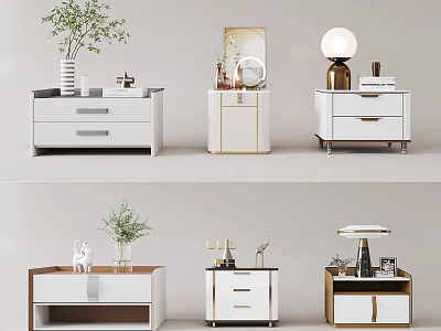 Modern Stylish Bedside Tables With Drawers Lamps Decorative Vases And Small Decor Pieces 3d model