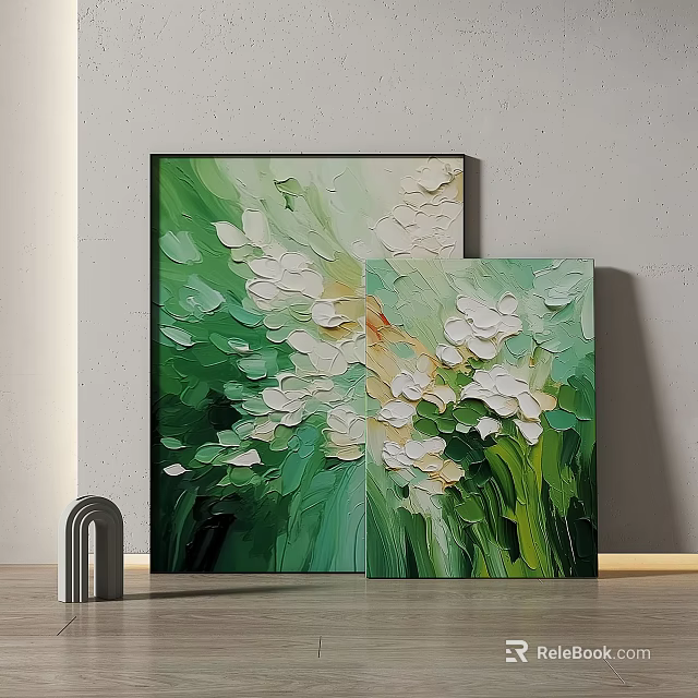 Two Panel Abstract Painting With Green Background White Flowers And Impasto Texture 3d model 