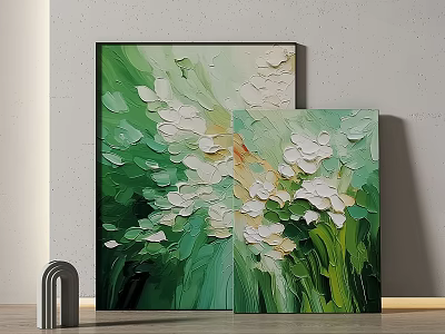 Two Panel Abstract Painting With Green Background White Flowers And Impasto Texture 3d model