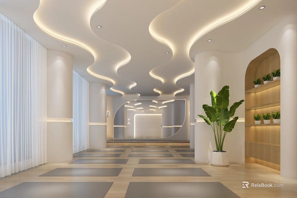 Modern Fitness Center Lobby With Curved Ceiling Lights Large Windows Patterned Floor And Green Plants 3d model 