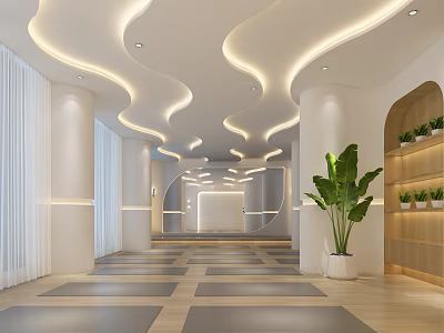 Modern Fitness Center Lobby With Curved Ceiling Lights Large Windows Patterned Floor And Green Plants 3d model