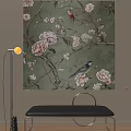 Botanical Painting with Flowers Branches and Birds on Green Background Home Decor Art