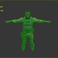 Man In Tactical Military Uniform With Goggles Vest And Arms Outstretched On Gray Background