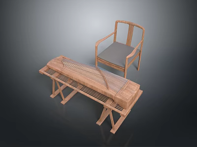 Modern Minimalist Wooden Furniture Bench And Chair With Woven Seat And Gray Cushion 3d model