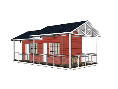 Red Wooden House with Black Roof and Porch White Railings Windows and Door Design 3d model
