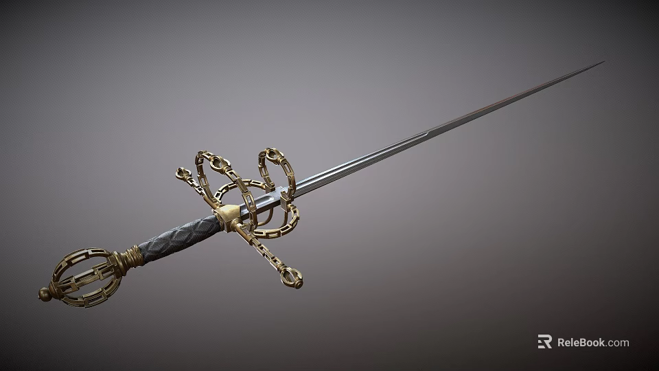 Ornate Decorative Sword Featuring Golden Guard Details And Shiny Metal Blade Design 3d model 