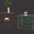Modern Dark Gray Bedside Tables with Glass Shelf Drawers Vase Green Plant Decorative Figurine Books