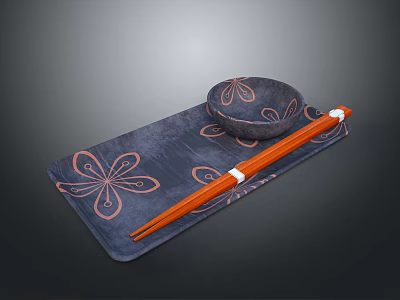 Stylish Tableware Set With Dark Floral Placemat Ceramic Bowl And Orange Chopsticks 3d model