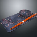 Stylish Tableware Set With Dark Floral Placemat Ceramic Bowl And Orange Chopsticks