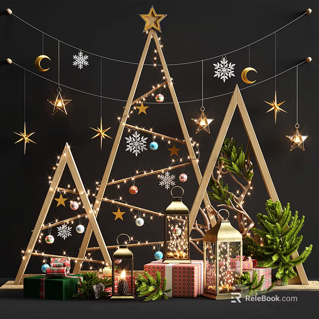 Christmas Decor Scene With Triangular Frames String Lights Stars Snowflakes Lanterns And Gift Boxes 3d model