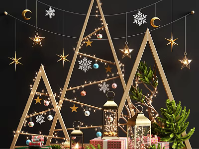 Christmas Decor Scene With Triangular Frames String Lights Stars Snowflakes Lanterns And Gift Boxes 3d model