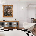 Elegant Living And Dining Area With Chandelier Large Windows Green Plants Beige Armchair And Checkered Cabinet