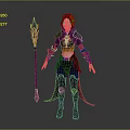 Fantasy Red Haired Female Mage In Black Orange Outfit Holding Staff With Green Blue Gems