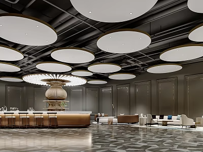 Luxurious Grand Hall Interior Design With Circular Gold Trim Lights Brown Bar And Geometric Flooring 3d model