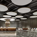 Luxurious Grand Hall Interior Design With Circular Gold Trim Lights Brown Bar And Geometric Flooring