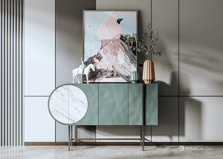 Elegant Modern Console Cabinet And Sideboard With Marble Accent Green Artwork Deer Ornament And Plant 3d model 